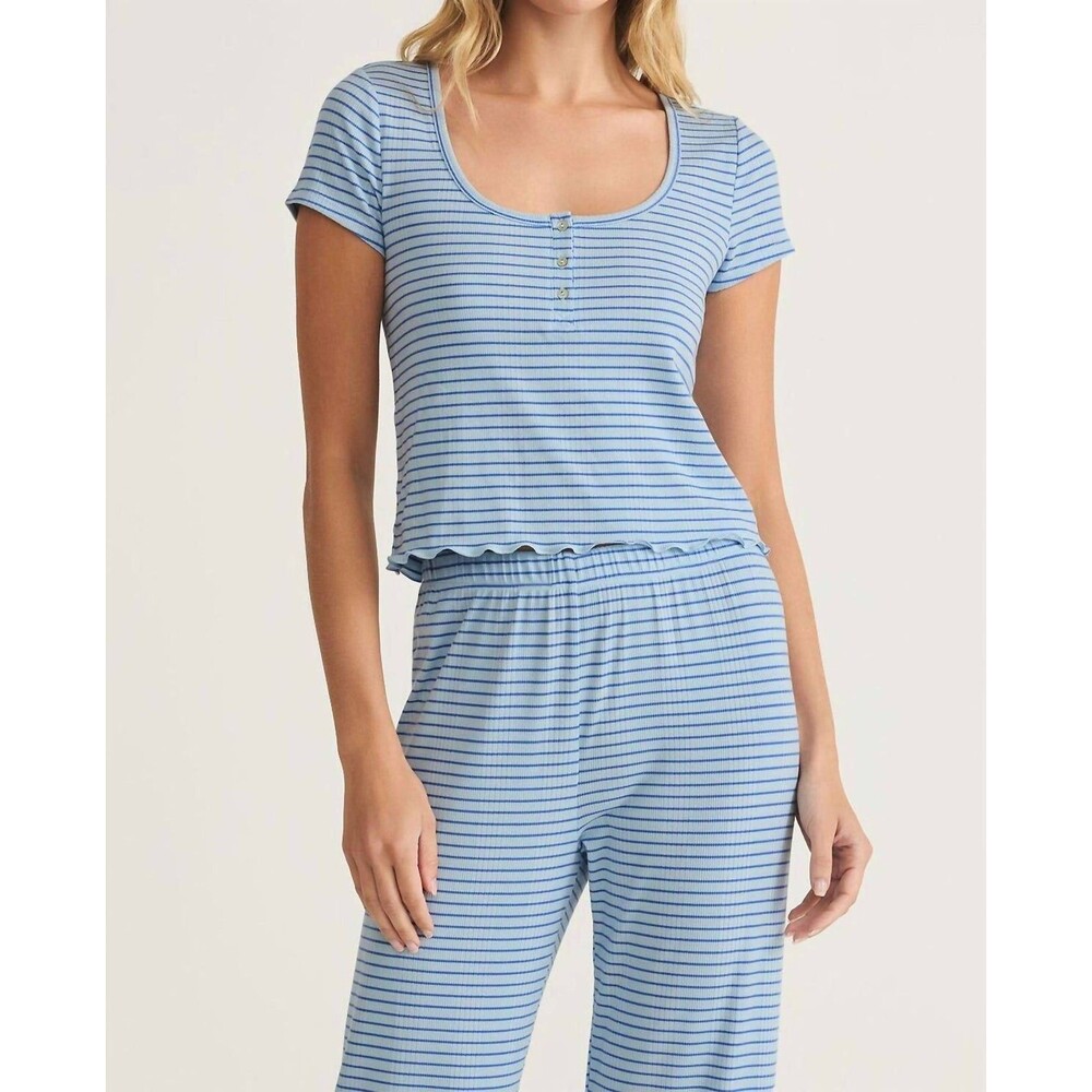 Z Supply NWT Blue Striped Sail Away Ribbed Short Sleeve Lettuce Trim Top Medium